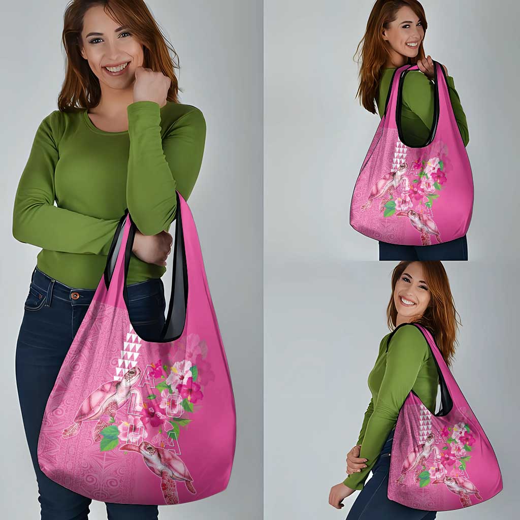 Hawaii Aloha Turtle Hibiscus and Leaves Grocery Bag with Polynesian and Kakau Tattoos Rose Color - Polynesian Pride