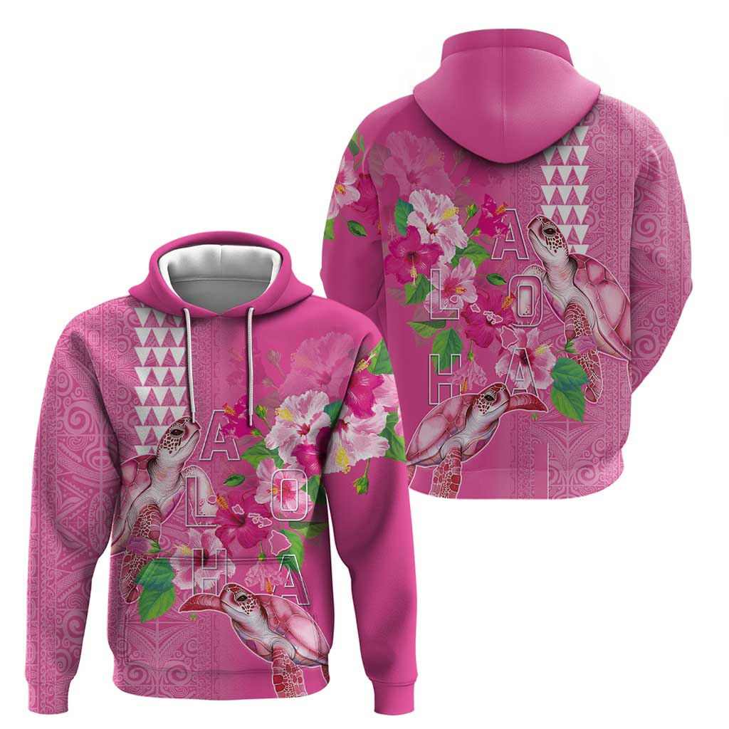 Hawaii Aloha Turtle Hibiscus and Leaves Hoodie with Polynesian and Kakau Tattoos Rose Color - Polynesian Pride