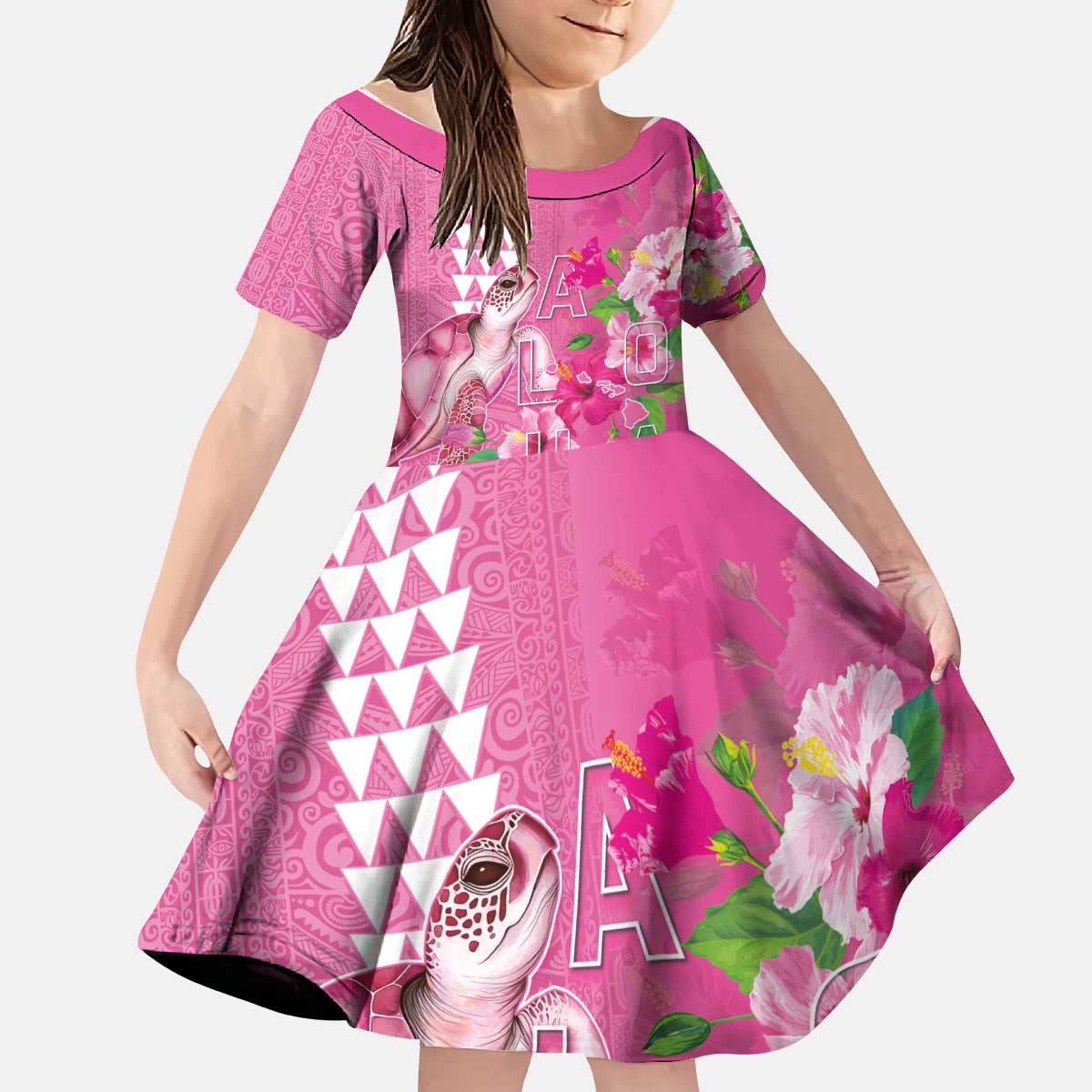 Hawaii Aloha Turtle Hibiscus and Leaves Kid Short Sleeve Dress with Polynesian and Kakau Tattoos Rose Color LT03 KID Pink - Polynesian Pride
