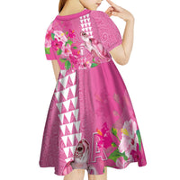 Hawaii Aloha Turtle Hibiscus and Leaves Kid Short Sleeve Dress with Polynesian and Kakau Tattoos Rose Color LT03 - Polynesian Pride