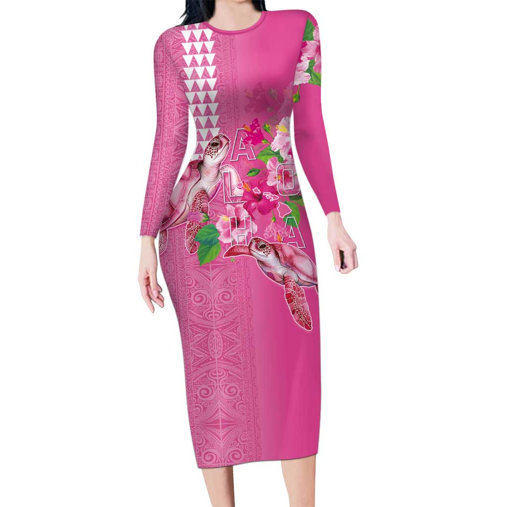Hawaii Aloha Turtle Hibiscus and Leaves Long Sleeve Bodycon Dress with Polynesian and Kakau Tattoos Rose Color - Polynesian Pride