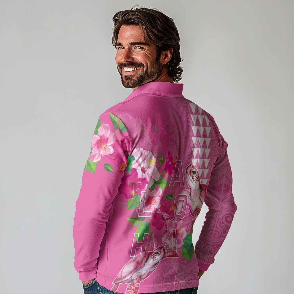 Hawaii Aloha Turtle Hibiscus and Leaves Long Sleeve Polo Shirt with Polynesian and Kakau Tattoos Rose Color LT03 - Polynesian Pride