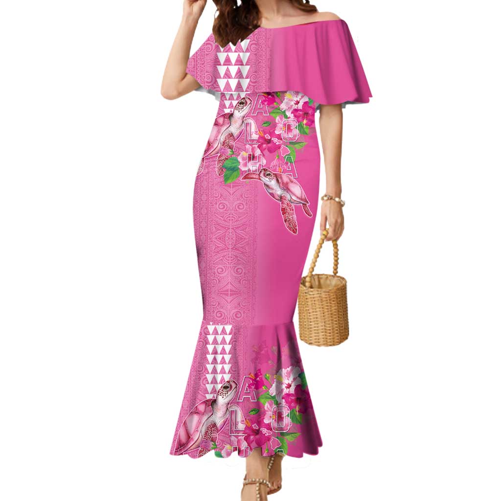 Hawaii Aloha Turtle Hibiscus and Leaves Mermaid Dress with Polynesian and Kakau Tattoos Rose Color - Polynesian Pride