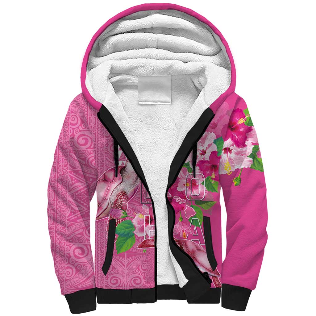 Hawaii Aloha Turtle Hibiscus and Leaves Sherpa Hoodie with Polynesian and Kakau Tattoos Rose Color - Polynesian Pride