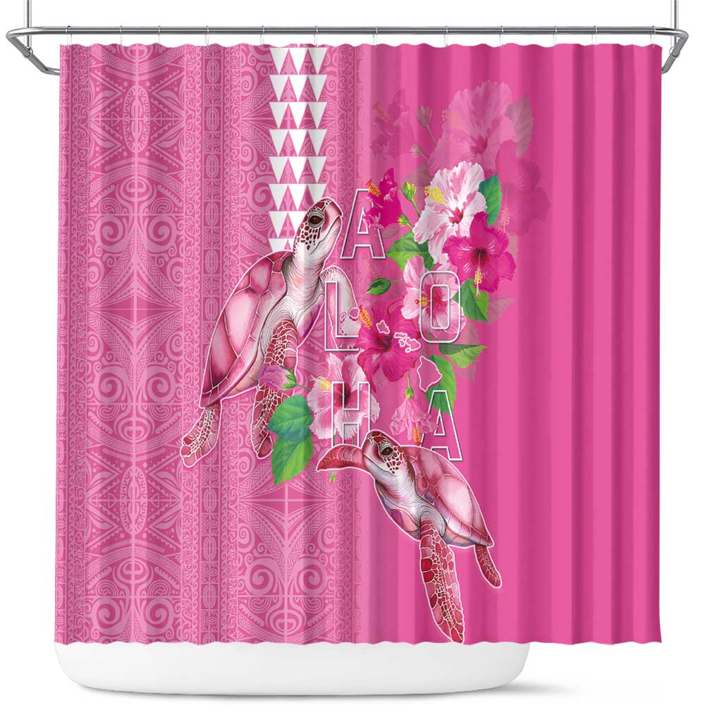 Hawaii Aloha Turtle Hibiscus and Leaves Shower Curtain with Polynesian and Kakau Tattoos Rose Color - Polynesian Pride
