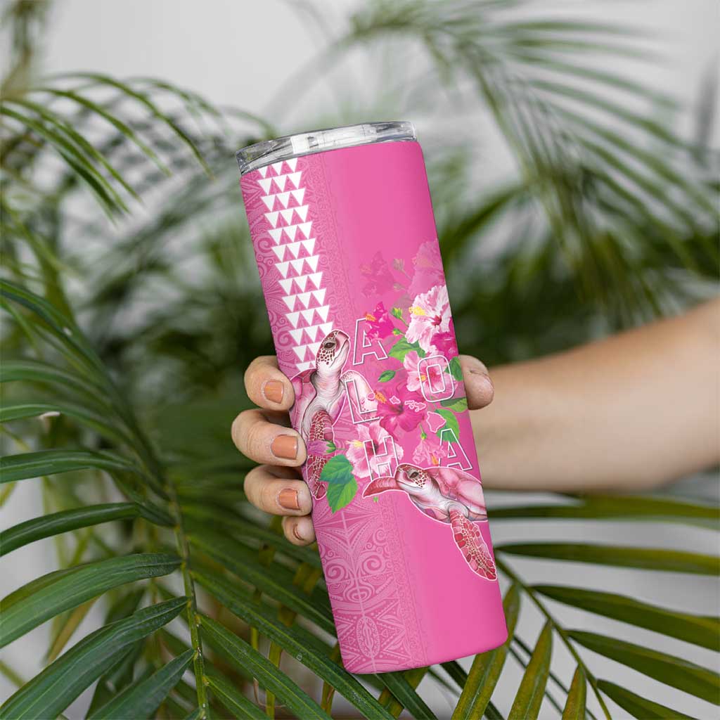 Hawaii Aloha Turtle Hibiscus and Leaves Skinny Tumbler with Polynesian and Kakau Tattoos Rose Color - Polynesian Pride