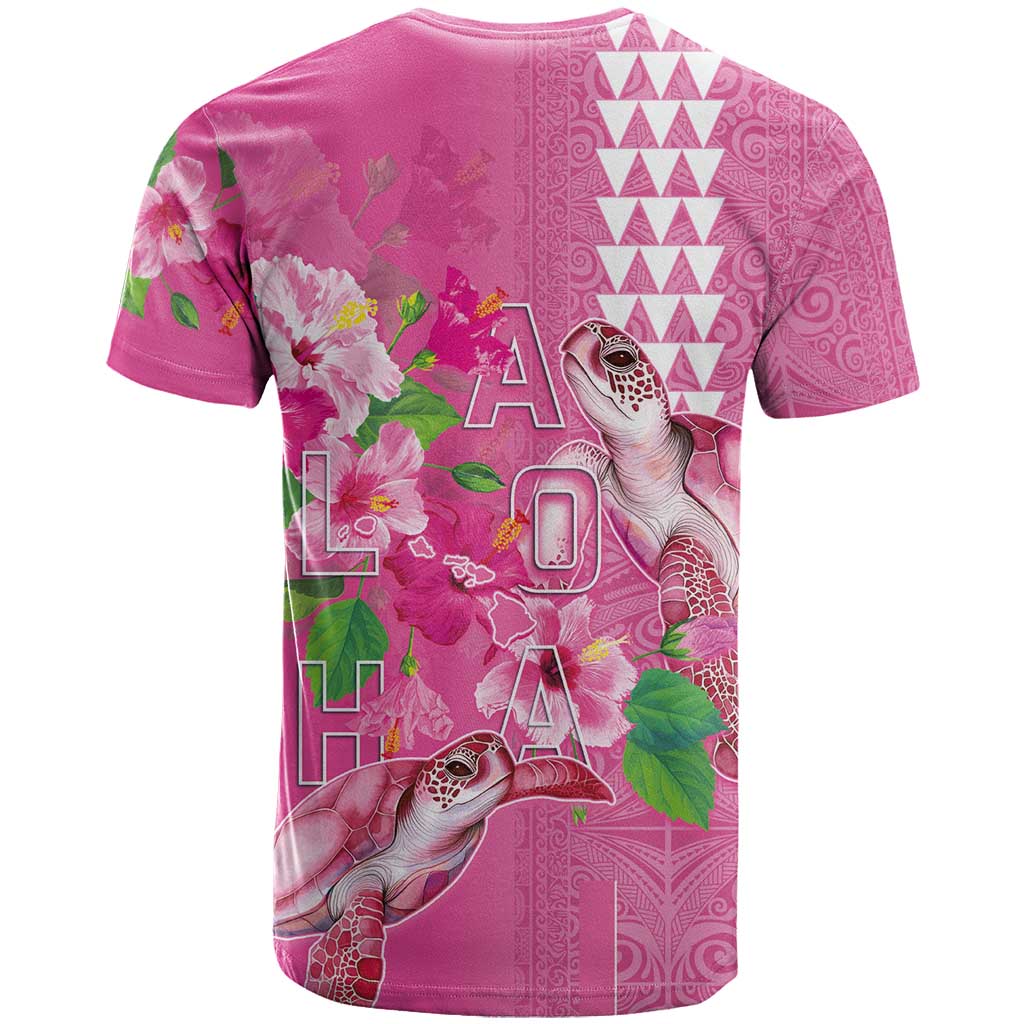 Hawaii Aloha Turtle Hibiscus and Leaves T Shirt with Polynesian and Kakau Tattoos Rose Color - Polynesian Pride