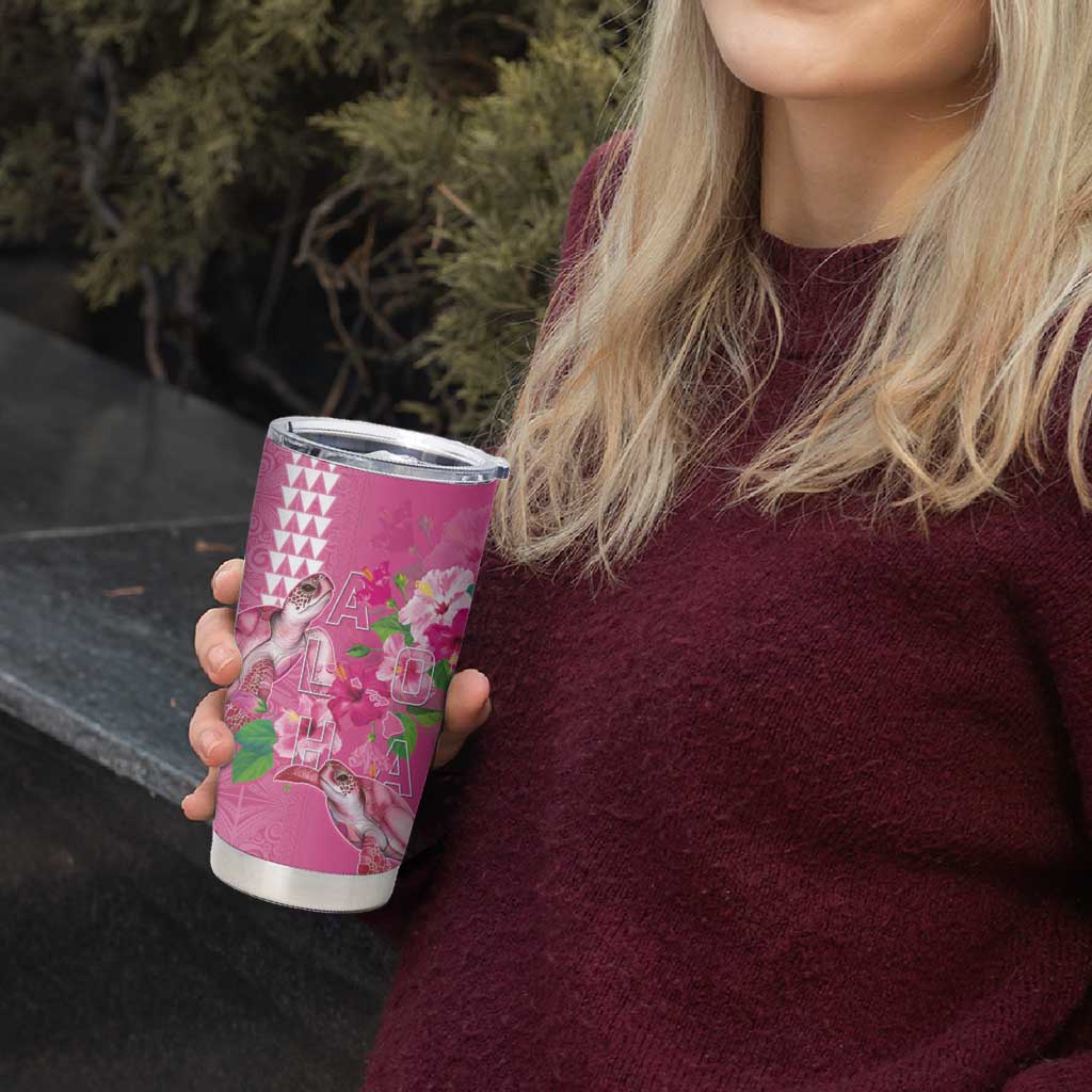 Hawaii Aloha Turtle Hibiscus and Leaves Tumbler Cup with Polynesian and Kakau Tattoos Rose Color - Polynesian Pride