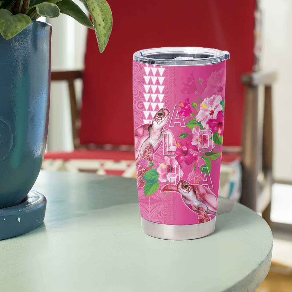 Hawaii Aloha Turtle Hibiscus and Leaves Tumbler Cup with Polynesian and Kakau Tattoos Rose Color - Polynesian Pride