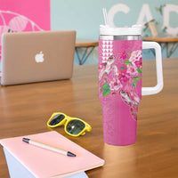 Hawaii Aloha Turtle Hibiscus and Leaves Tumbler With Handle with Polynesian and Kakau Tattoos Rose Color - Polynesian Pride