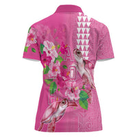 Hawaii Aloha Turtle Hibiscus and Leaves Women Polo Shirt with Polynesian and Kakau Tattoos Rose Color LT03 - Polynesian Pride