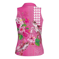 Hawaii Aloha Turtle Hibiscus and Leaves Women Sleeveless Polo Shirt with Polynesian and Kakau Tattoos Rose Color LT03 - Polynesian Pride