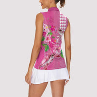 Hawaii Aloha Turtle Hibiscus and Leaves Women Sleeveless Polo Shirt with Polynesian and Kakau Tattoos Rose Color LT03 - Polynesian Pride