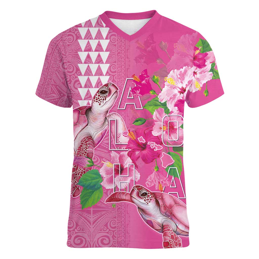 Hawaii Aloha Turtle Hibiscus and Leaves Women V-Neck T-Shirt with Polynesian and Kakau Tattoos Rose Color LT03 Female Pink - Polynesian Pride
