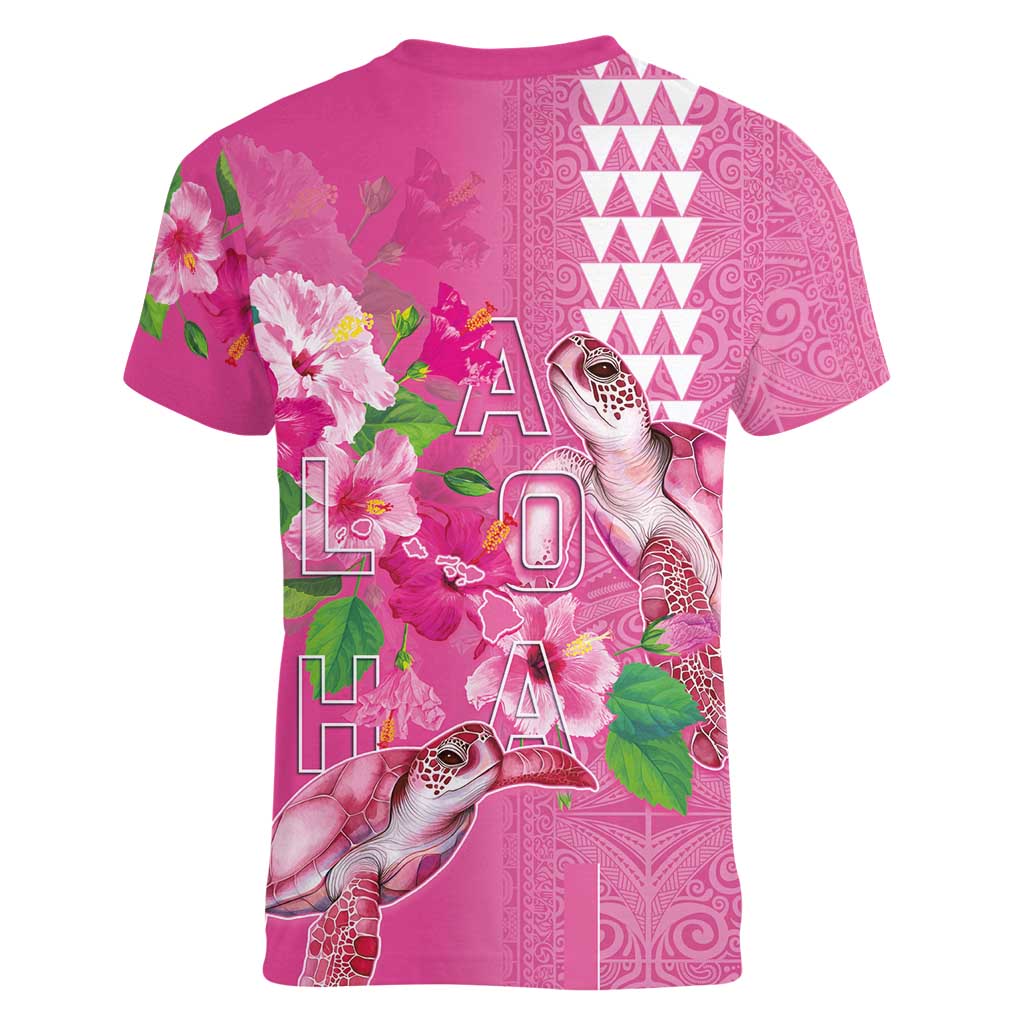 Hawaii Aloha Turtle Hibiscus and Leaves Women V-Neck T-Shirt with Polynesian and Kakau Tattoos Rose Color LT03 - Polynesian Pride