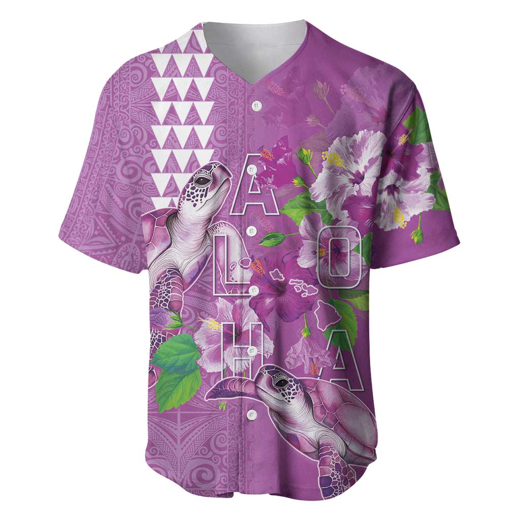 Hawaii Aloha Turtle Hibiscus and Leaves Baseball Jersey with Polynesian and Kakau Tattoos Lilac Color - Polynesian Pride