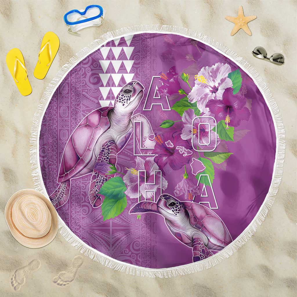 Hawaii Aloha Turtle Hibiscus and Leaves Beach Blanket with Polynesian and Kakau Tattoos Lilac Color - Polynesian Pride