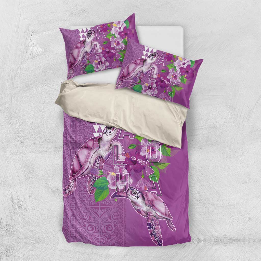 Hawaii Aloha Turtle Hibiscus and Leaves Bedding Set with Polynesian and Kakau Tattoos Lilac Color - Polynesian Pride
