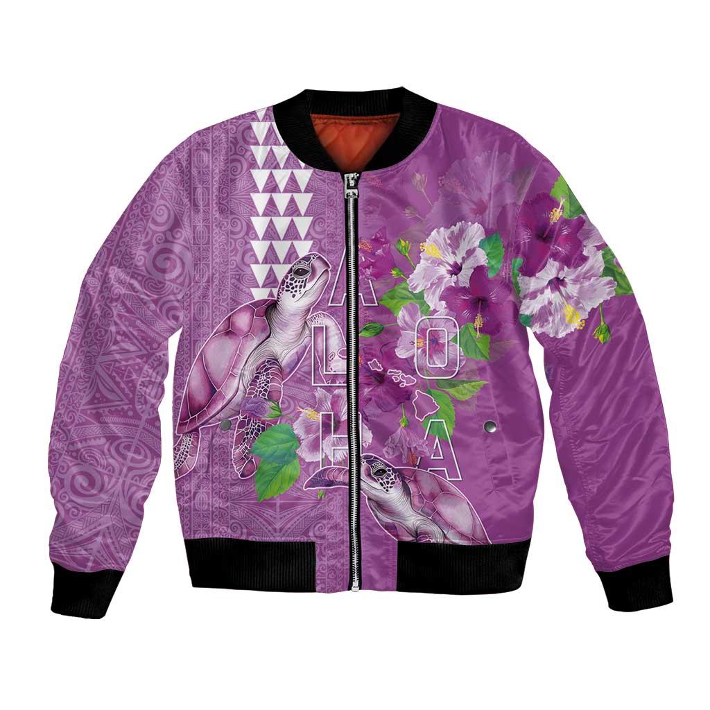 Hawaii Aloha Turtle Hibiscus and Leaves Bomber Jacket with Polynesian and Kakau Tattoos Lilac Color - Polynesian Pride