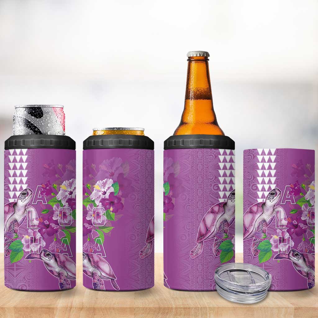 Hawaii Aloha Turtle Hibiscus and Leaves 4 in 1 Can Cooler Tumbler with Polynesian and Kakau Tattoos Lilac Color - Polynesian Pride