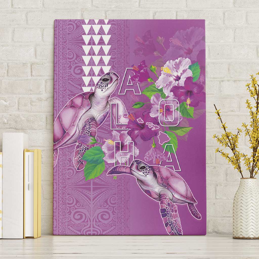 Hawaii Aloha Turtle Hibiscus and Leaves Canvas Wall Art with Polynesian and Kakau Tattoos Lilac Color - Polynesian Pride