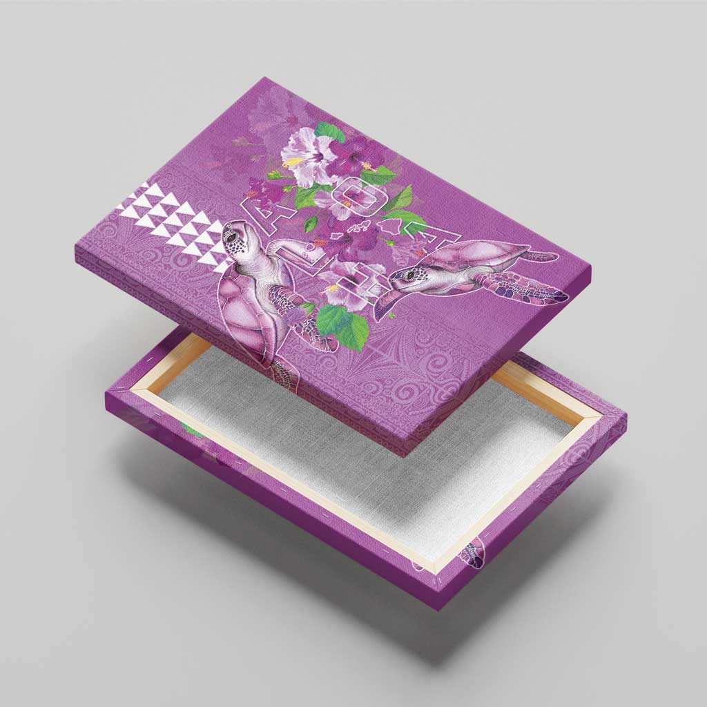 Hawaii Aloha Turtle Hibiscus and Leaves Canvas Wall Art with Polynesian and Kakau Tattoos Lilac Color - Polynesian Pride