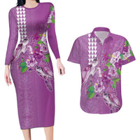 Hawaii Aloha Turtle Hibiscus and Leaves Couples Matching Long Sleeve Bodycon Dress and Hawaiian Shirt with Polynesian and Kakau Tattoos Lilac Color LT03 Purple - Polynesian Pride