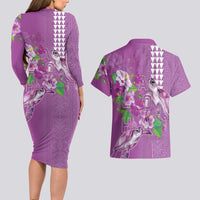 Hawaii Aloha Turtle Hibiscus and Leaves Couples Matching Long Sleeve Bodycon Dress and Hawaiian Shirt with Polynesian and Kakau Tattoos Lilac Color LT03 - Polynesian Pride