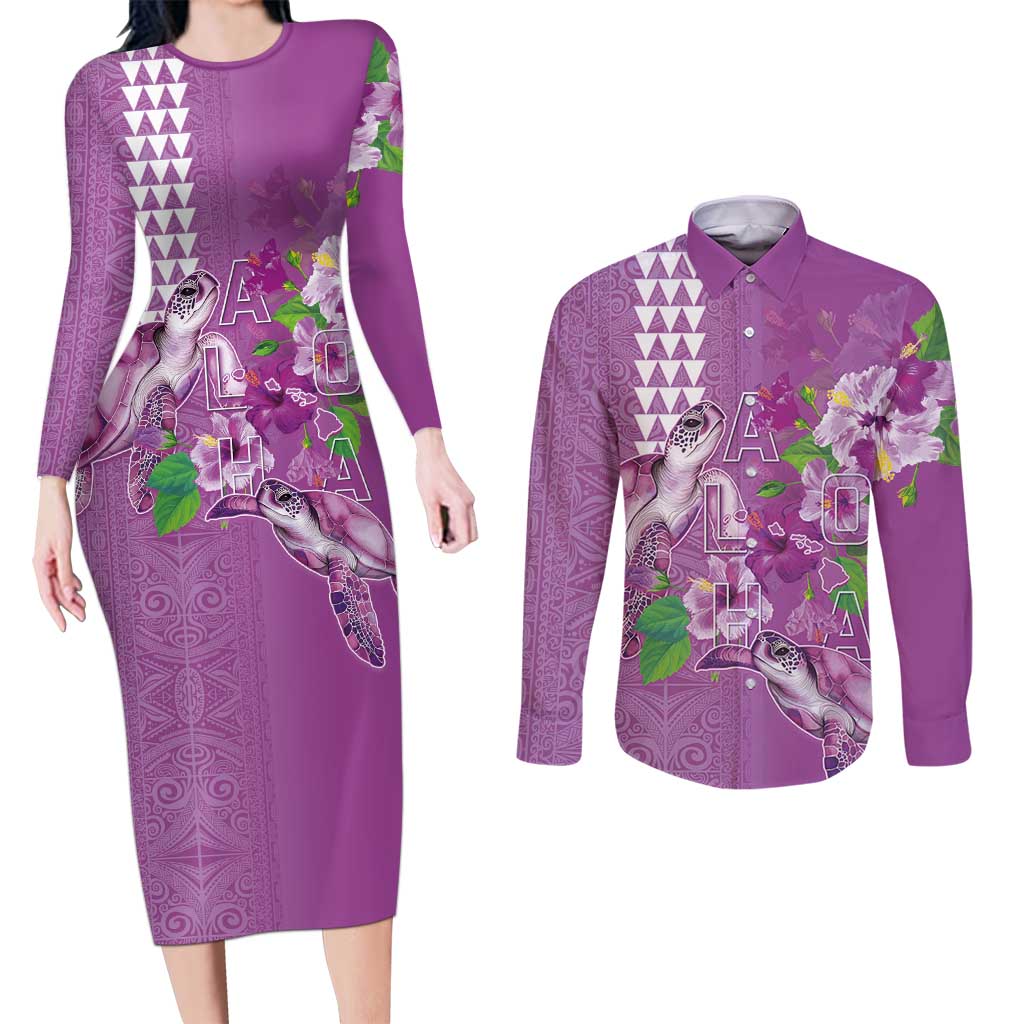 Hawaii Aloha Turtle Hibiscus and Leaves Couples Matching Long Sleeve Bodycon Dress and Long Sleeve Button Shirt with Polynesian and Kakau Tattoos Lilac Color LT03 Purple - Polynesian Pride