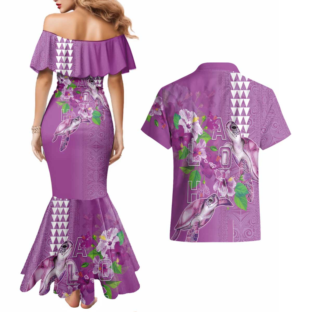 Hawaii Aloha Turtle Hibiscus and Leaves Couples Matching Mermaid Dress and Hawaiian Shirt with Polynesian and Kakau Tattoos Lilac Color LT03 - Polynesian Pride