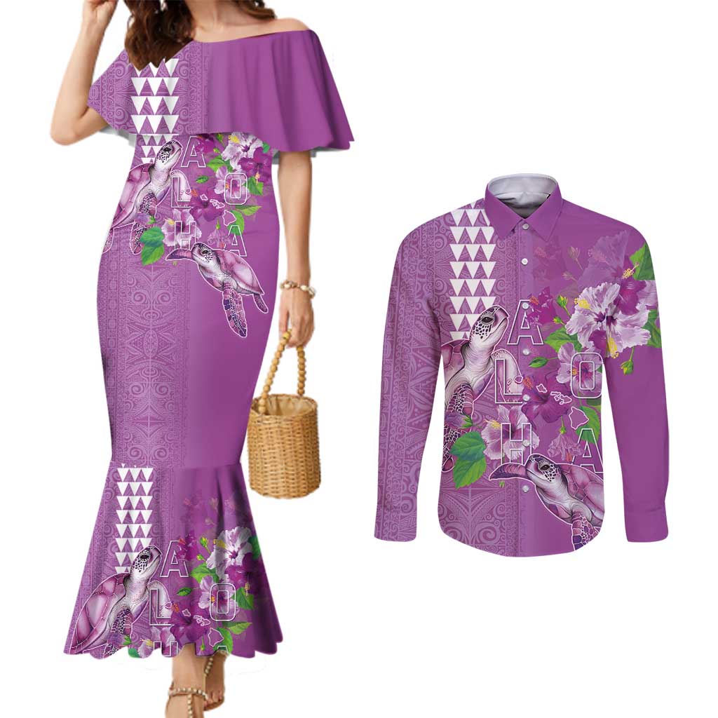 Hawaii Aloha Turtle Hibiscus and Leaves Couples Matching Mermaid Dress and Long Sleeve Button Shirt with Polynesian and Kakau Tattoos Lilac Color LT03 Purple - Polynesian Pride