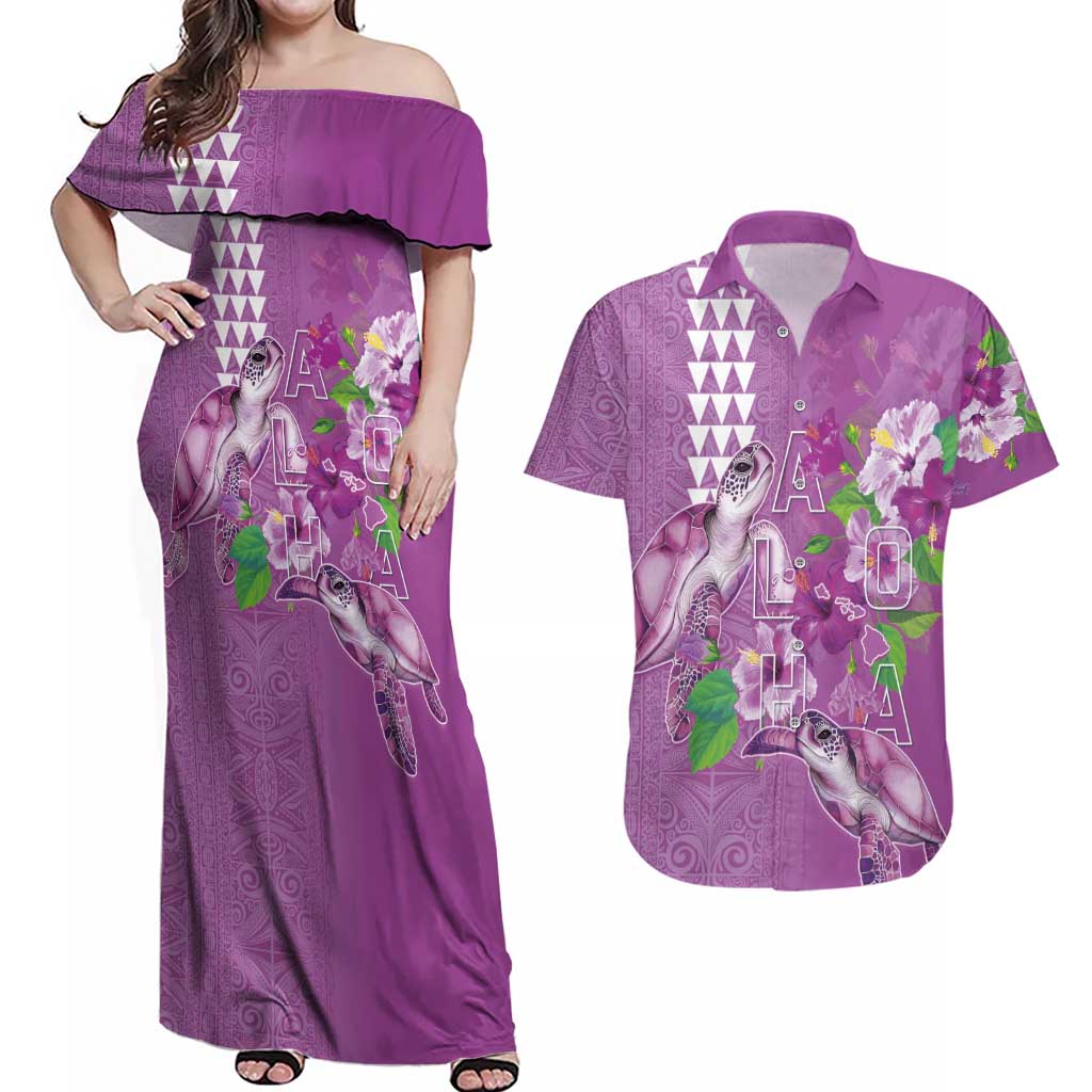 Hawaii Aloha Turtle Hibiscus and Leaves Couples Matching Off Shoulder Maxi Dress and Hawaiian Shirt with Polynesian and Kakau Tattoos Lilac Color LT03 Purple - Polynesian Pride