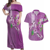 Hawaii Aloha Turtle Hibiscus and Leaves Couples Matching Off Shoulder Maxi Dress and Hawaiian Shirt with Polynesian and Kakau Tattoos Lilac Color LT03 Purple - Polynesian Pride