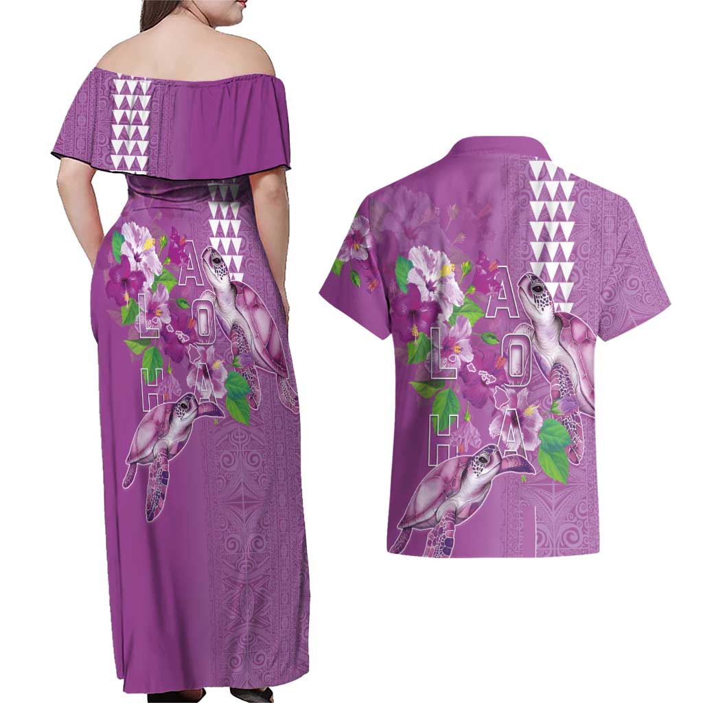 Hawaii Aloha Turtle Hibiscus and Leaves Couples Matching Off Shoulder Maxi Dress and Hawaiian Shirt with Polynesian and Kakau Tattoos Lilac Color LT03 - Polynesian Pride