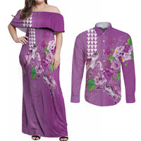 Hawaii Aloha Turtle Hibiscus and Leaves Couples Matching Off Shoulder Maxi Dress and Long Sleeve Button Shirt with Polynesian and Kakau Tattoos Lilac Color LT03 Purple - Polynesian Pride