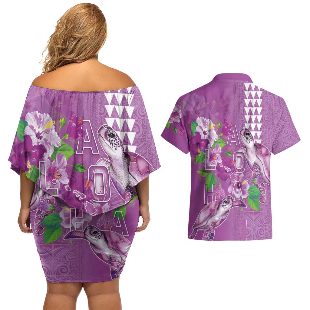 Hawaii Aloha Turtle Hibiscus and Leaves Couples Matching Off Shoulder Short Dress and Hawaiian Shirt with Polynesian and Kakau Tattoos Lilac Color LT03 - Polynesian Pride