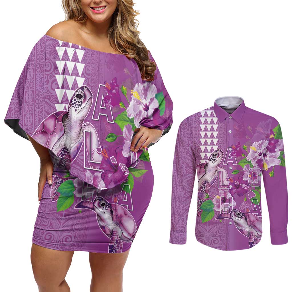 Hawaii Aloha Turtle Hibiscus and Leaves Couples Matching Off Shoulder Short Dress and Long Sleeve Button Shirt with Polynesian and Kakau Tattoos Lilac Color LT03 Purple - Polynesian Pride