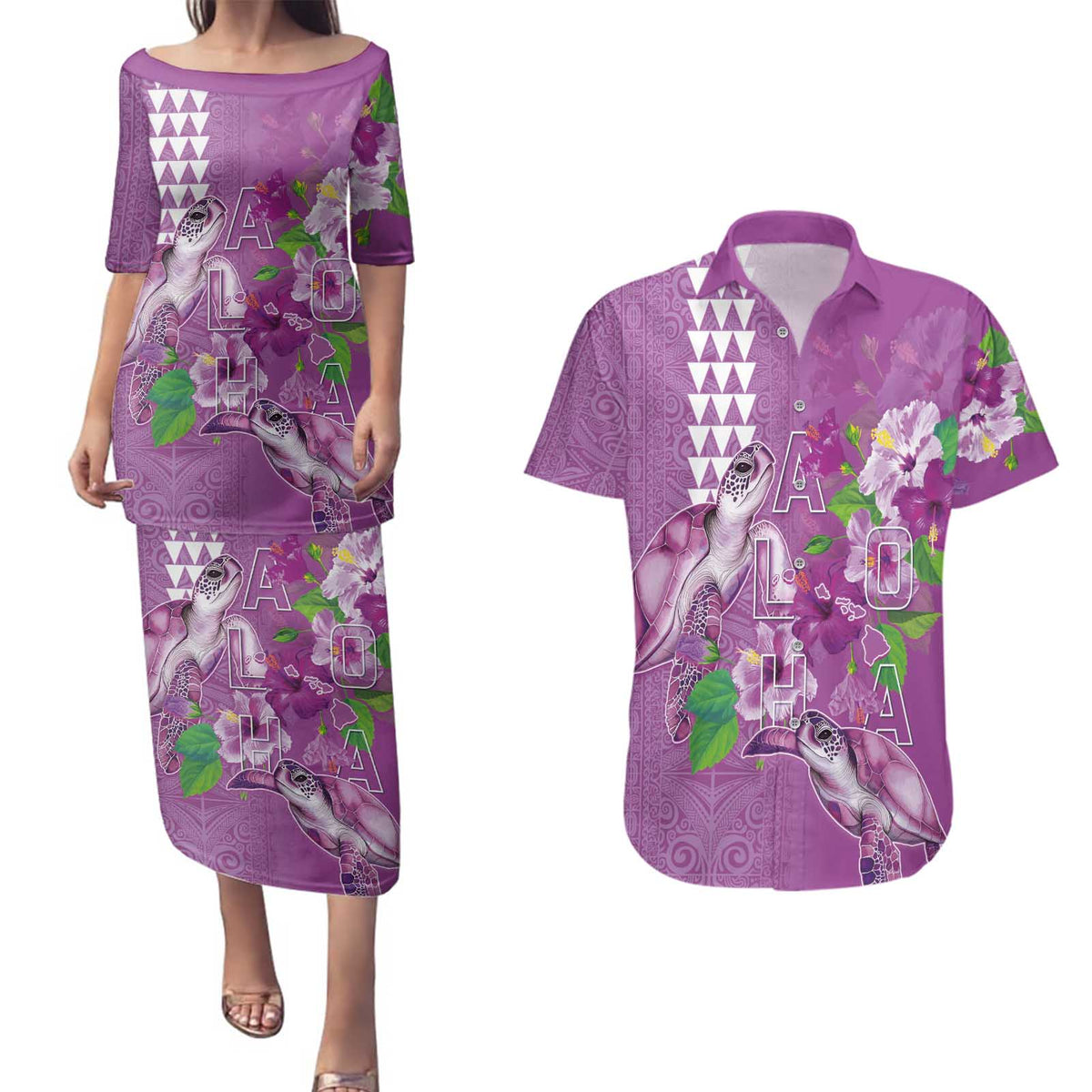 Hawaii Aloha Turtle Hibiscus and Leaves Couples Matching Puletasi and Hawaiian Shirt with Polynesian and Kakau Tattoos Lilac Color LT03 Purple - Polynesian Pride