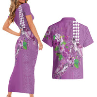 Hawaii Aloha Turtle Hibiscus and Leaves Couples Matching Short Sleeve Bodycon Dress and Hawaiian Shirt with Polynesian and Kakau Tattoos Lilac Color LT03 - Polynesian Pride