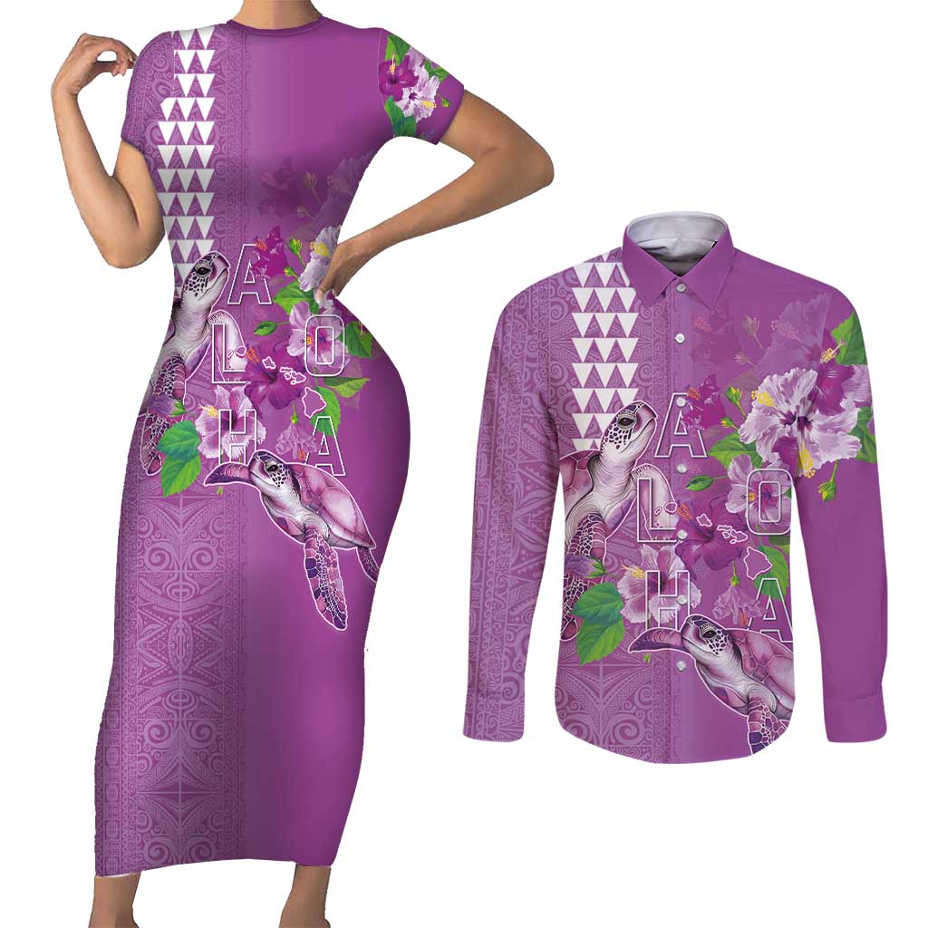 Hawaii Aloha Turtle Hibiscus and Leaves Couples Matching Short Sleeve Bodycon Dress and Long Sleeve Button Shirt with Polynesian and Kakau Tattoos Lilac Color LT03 Purple - Polynesian Pride