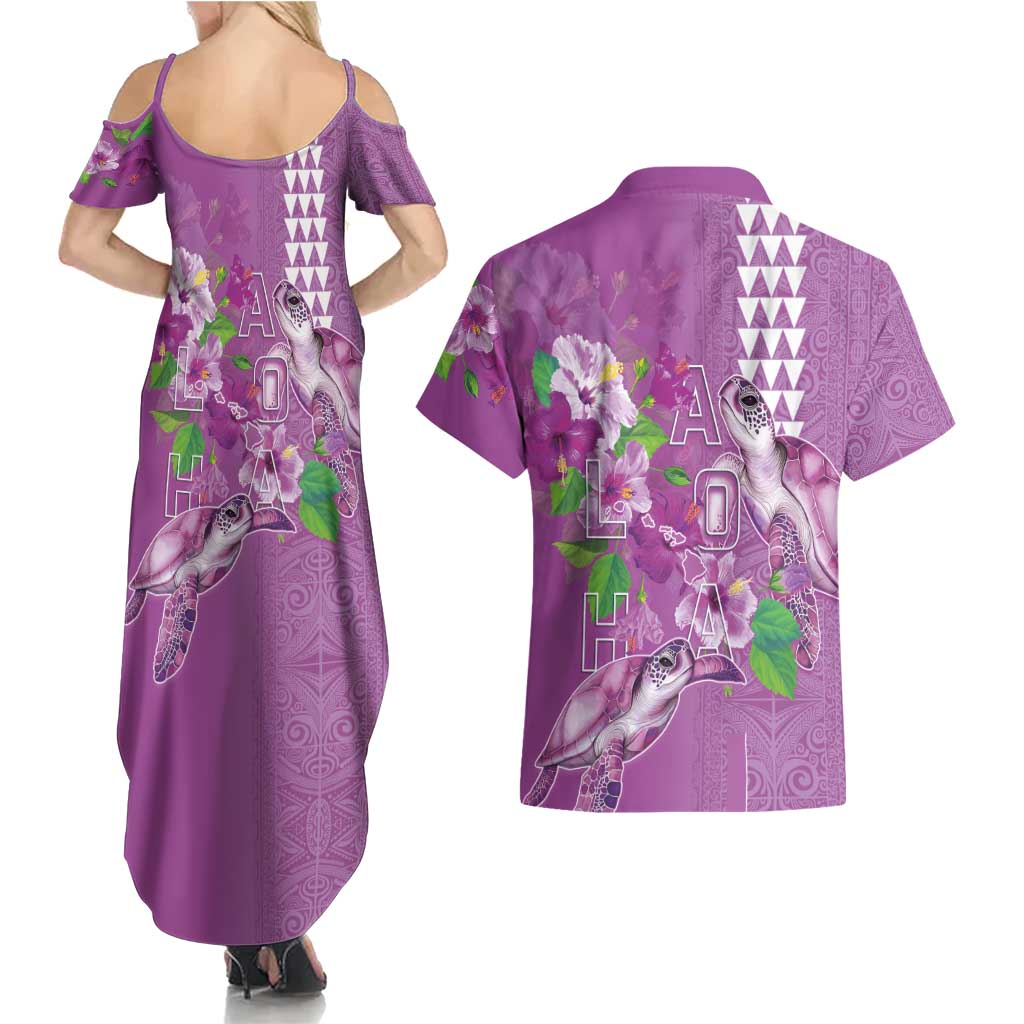 Hawaii Aloha Turtle Hibiscus and Leaves Couples Matching Summer Maxi Dress and Hawaiian Shirt with Polynesian and Kakau Tattoos Lilac Color LT03 - Polynesian Pride