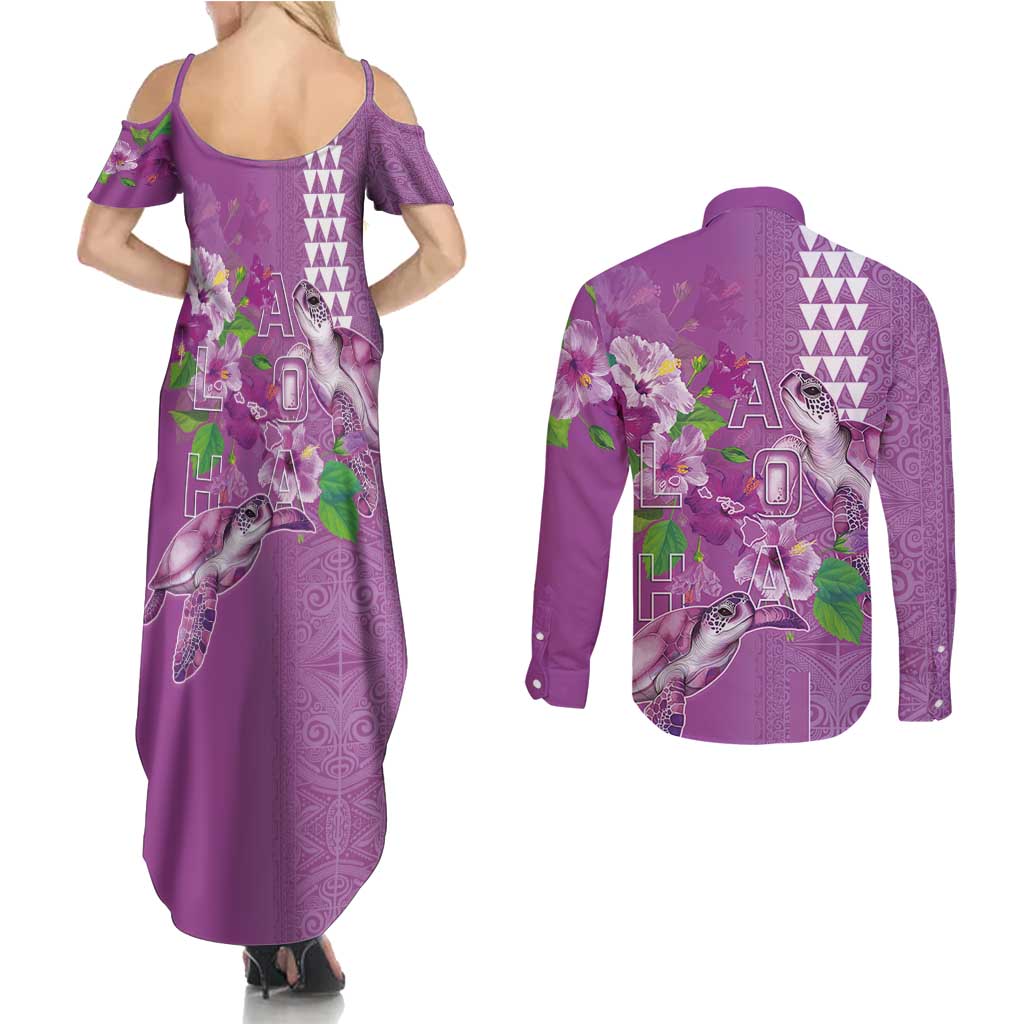 Hawaii Aloha Turtle Hibiscus and Leaves Couples Matching Summer Maxi Dress and Long Sleeve Button Shirt with Polynesian and Kakau Tattoos Lilac Color LT03 - Polynesian Pride