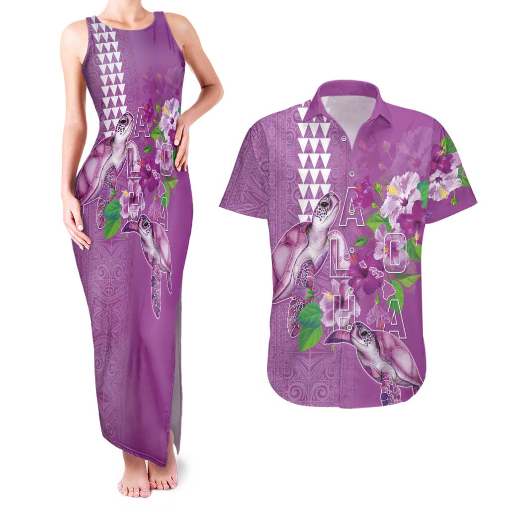 Hawaii Aloha Turtle Hibiscus and Leaves Couples Matching Tank Maxi Dress and Hawaiian Shirt with Polynesian and Kakau Tattoos Lilac Color LT03 Purple - Polynesian Pride