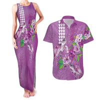 Hawaii Aloha Turtle Hibiscus and Leaves Couples Matching Tank Maxi Dress and Hawaiian Shirt with Polynesian and Kakau Tattoos Lilac Color LT03 Purple - Polynesian Pride