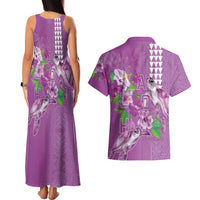 Hawaii Aloha Turtle Hibiscus and Leaves Couples Matching Tank Maxi Dress and Hawaiian Shirt with Polynesian and Kakau Tattoos Lilac Color LT03 - Polynesian Pride