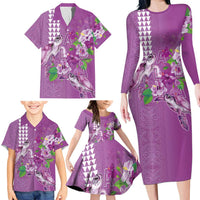 Hawaii Aloha Turtle Hibiscus and Leaves Family Matching Long Sleeve Bodycon Dress and Hawaiian Shirt with Polynesian and Kakau Tattoos Lilac Color LT03 - Polynesian Pride