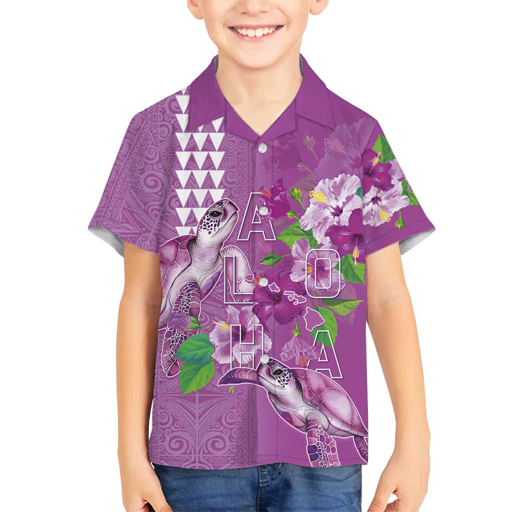 Hawaii Aloha Turtle Hibiscus and Leaves Family Matching Long Sleeve Bodycon Dress and Hawaiian Shirt with Polynesian and Kakau Tattoos Lilac Color LT03 Son's Shirt Purple - Polynesian Pride