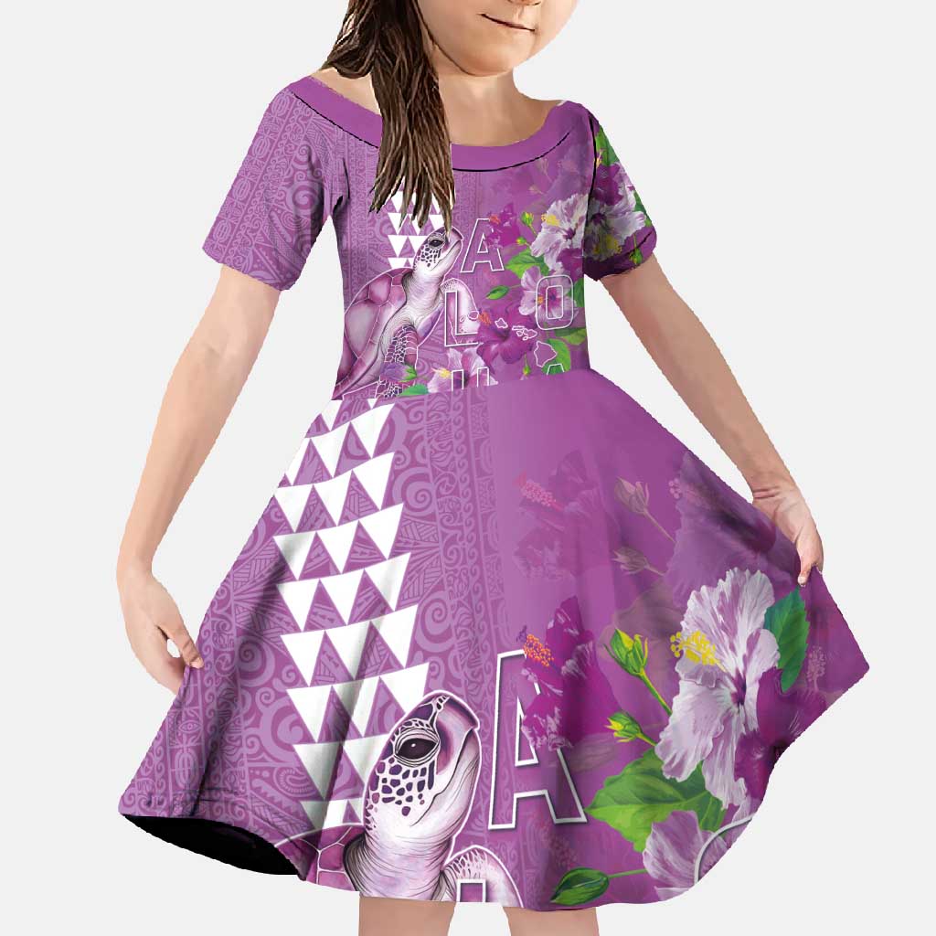 Hawaii Aloha Turtle Hibiscus and Leaves Family Matching Mermaid Dress and Hawaiian Shirt with Polynesian and Kakau Tattoos Lilac Color LT03 Daughter's Dress Purple - Polynesian Pride