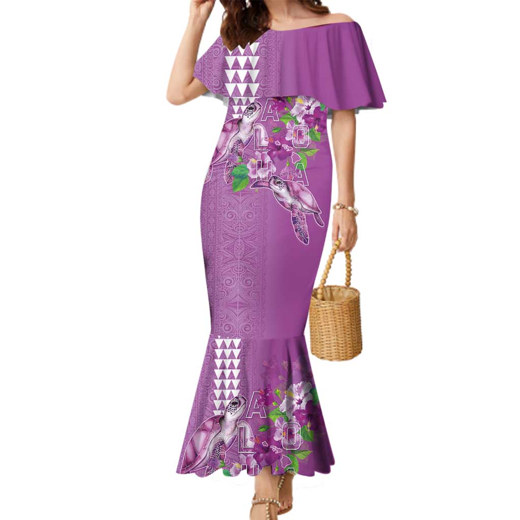 Hawaii Aloha Turtle Hibiscus and Leaves Family Matching Mermaid Dress and Hawaiian Shirt with Polynesian and Kakau Tattoos Lilac Color LT03 Mom's Dress Purple - Polynesian Pride