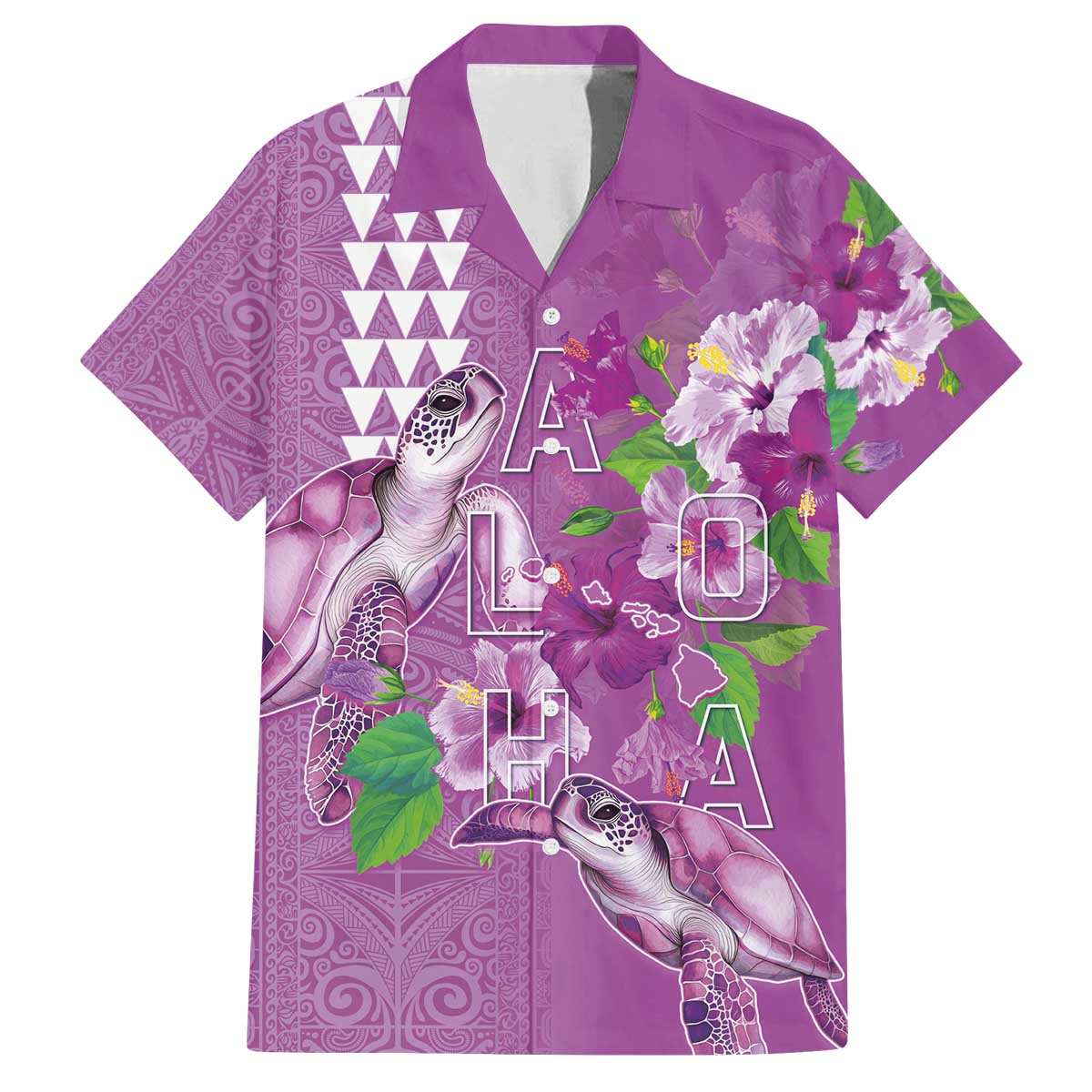 Hawaii Aloha Turtle Hibiscus and Leaves Family Matching Off The Shoulder Long Sleeve Dress and Hawaiian Shirt with Polynesian and Kakau Tattoos Lilac Color LT03 Dad's Shirt - Short Sleeve Purple - Polynesian Pride